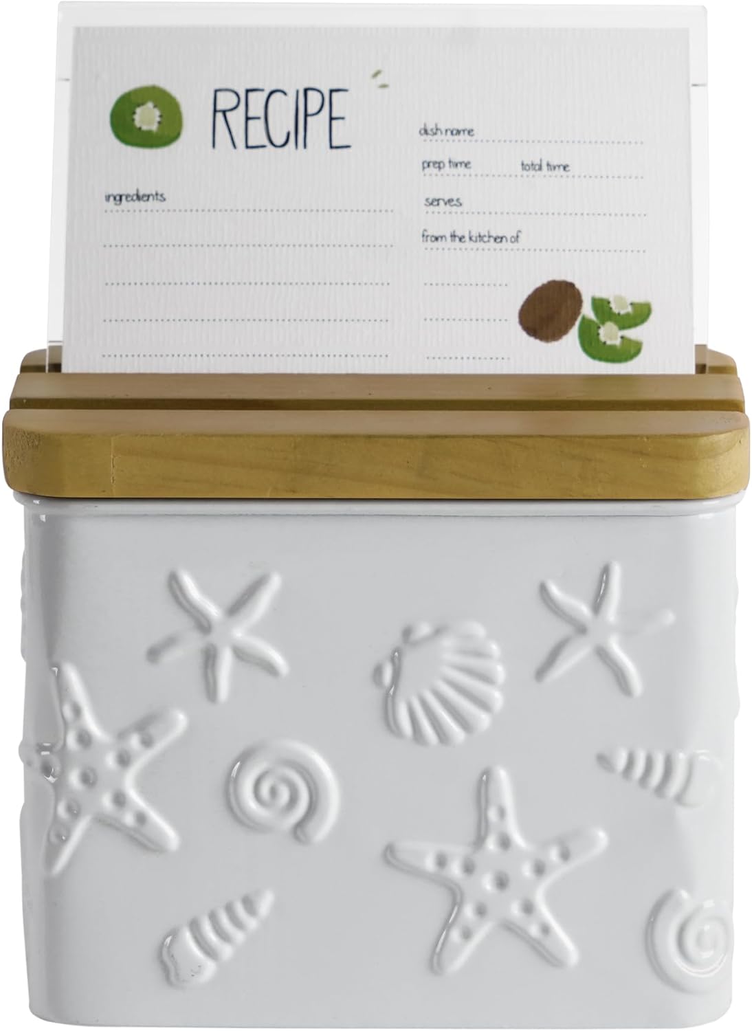 Recipe Box with Cards and Dividers Set 4x6 Recipe Holder for Kitchen Counter Metal White Starfish Pattern Embossed Recipe Card Box with Wooden Grooved Lid