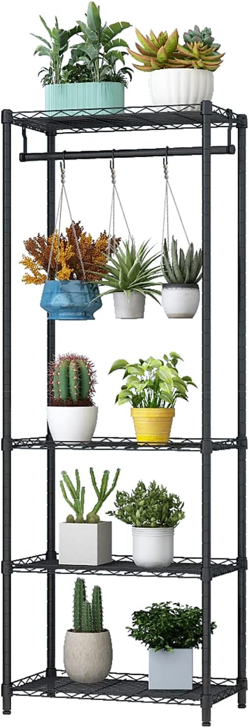 Xiofio 4-Tier Plant Shelf for Indoor Plants Outdoor, Large Multiple Flower Pot Holder Rack?Hanging Plant Stand 6pcs Hooks ,Adjustable Plant Stand Suitable for Bedroom Living Room Balcony Garden,Black