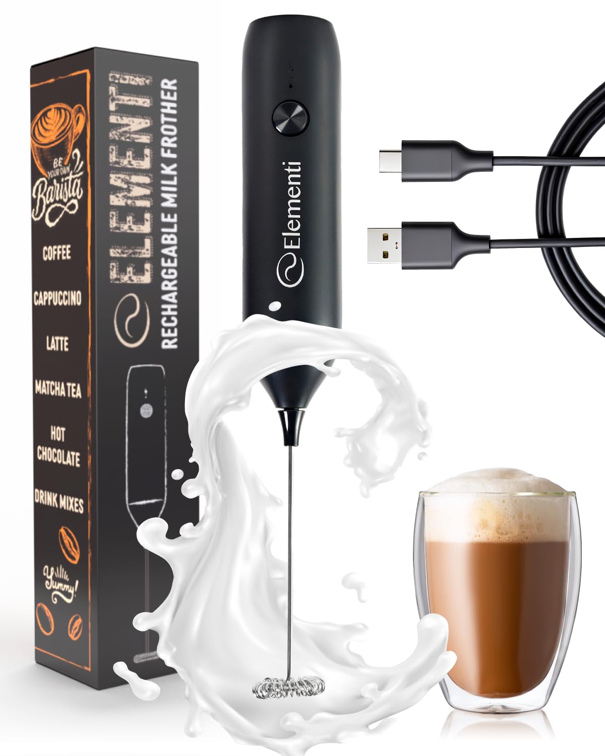 Amazon.com: Elementi Milk Frother Wand Rechargeable Drink Mixer