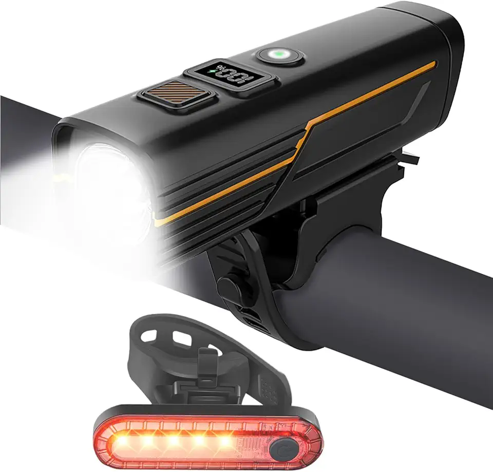 EBUYFIRE Lumières de Vélo Capteurs de Lumière et Affichage Numérique, Set d'Éclairage LED Rechargeable pour Vélo - Super Luminieux Phare Avant et Arrière,Lampe Torche Cyclisme
