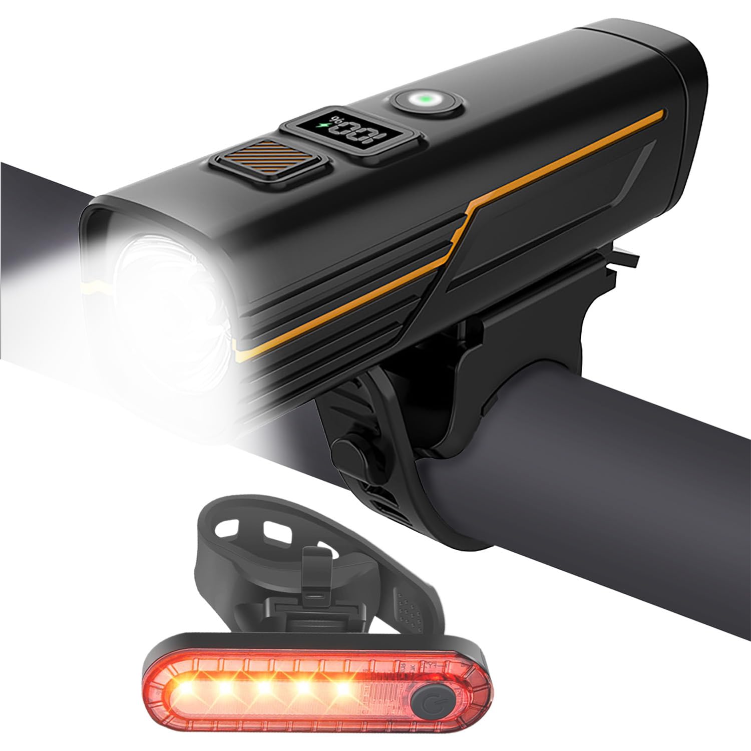 EBUYFIRE USB Rechargeable Bike Lights Set with Digital Display & Light Sensor, Super Bright Front Light & 5-LED Rear Tail Light, IPX5 Waterproof Bicycle Front & Back Light for Cycling