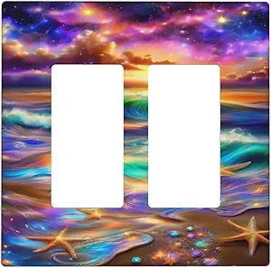 Decorative Outlet Covers Colorful Sunset Starfish Beach Shells 2 Gang Wall Plate Double Rocker Two Switch Wall Cover Plate Light Switch Cover Plate Faceplate for Bathroom Bedroom Decor