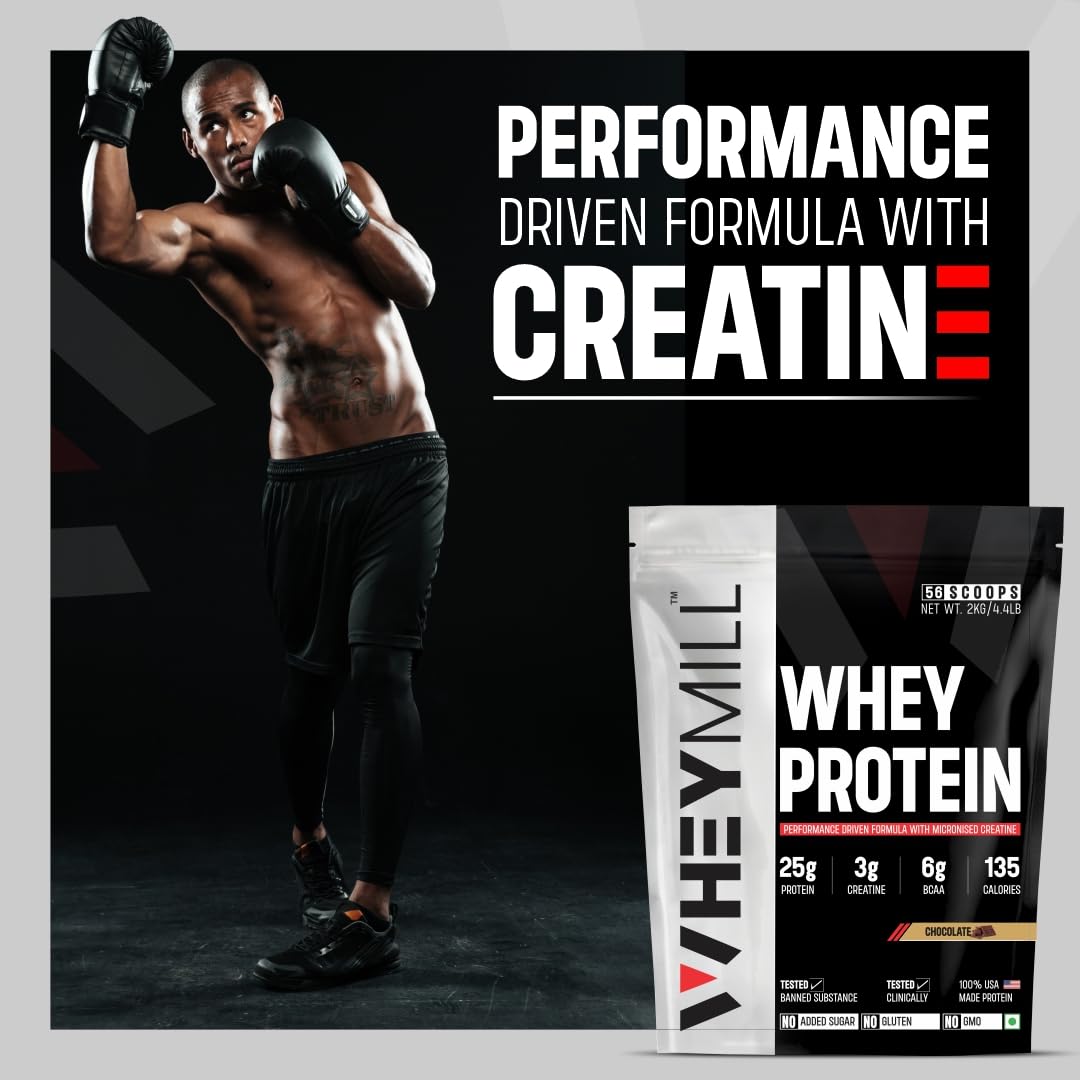 Wheymill 100% whey protein | Easy mixture, for men, women and athletes with creatin with low carbs whey protein supplement powder (2 kg/4.4 Lb | 56 servings | Chocolate) Wheymill 100% whey protein | Easy mixture, for men, women and athletes with creatin with low carbs whey protein supplement powder (2 kg/4.4 Lb | 56 servings | Chocolate)