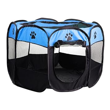 Aswadh Pet Folding Playpen Portable 8-Panel Kennel Fences Tent Blue_M