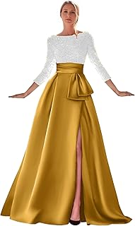 Sequin Long Sleeve Mother of The Bride Dress for Women Satin Ball Formal Evening Gown with Slit Prom Dresses - Buy now