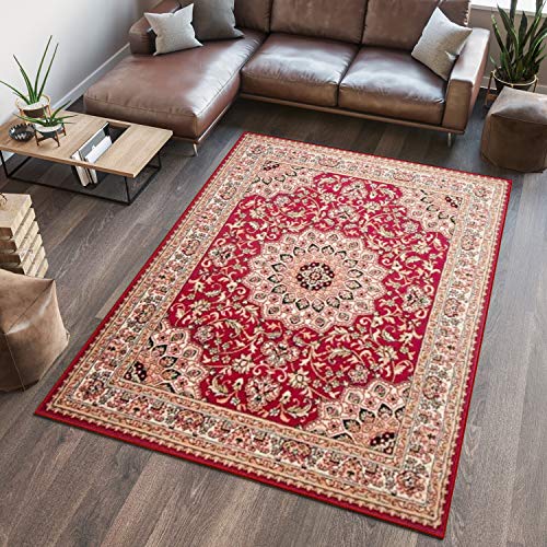TAPISO Atlas Teppich Kurzflor Rot Creme Grün Klassisch Orientteppich Floral Mäander Orient Design...
