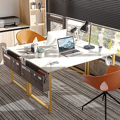Odk Computer Writing Desk 55 Inch, Sturdy Home Office Table, Work Desk With A Storage Bag And Headphone Hook, White Marble + Gold Leg #TOP4