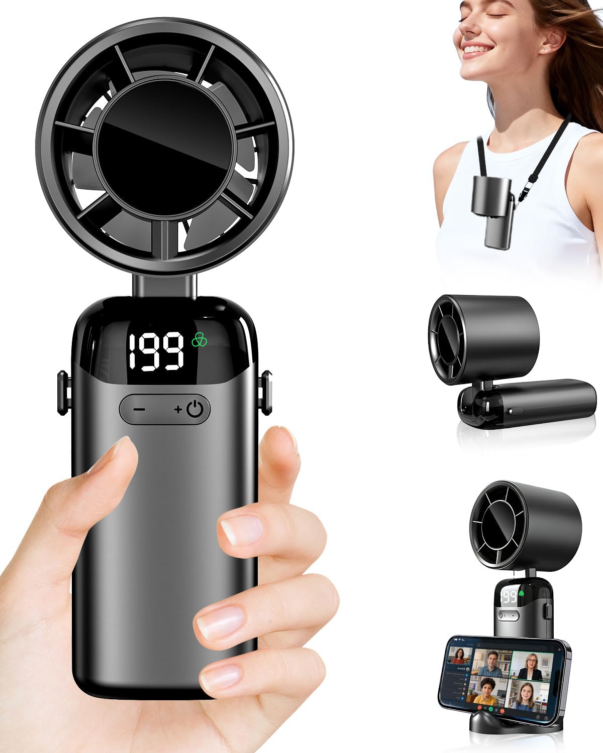DDKJ Handheld Turbo Fan, High Speed Air, 5 Speeds + 199 Continuous Settings, Battery Up to 10 Hours, LED Display, Portable for Travel, Office, Sports and Outdoors - Black