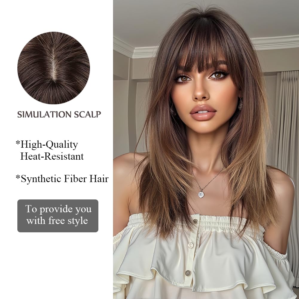 OUFEI Ombre Brown Wigs for Women Medium Length Long Straight Wig with Bangs Synthetic Hair Heat Resistant Wigs for Everyday Party Cosplay Wear - Image 3