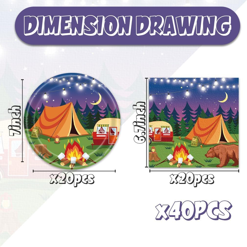 40pcs Camping Party Decorations Happy Camper Plates and Napkins for Forest Camping Adventure Party,Suitable for 20 Guests image 2
