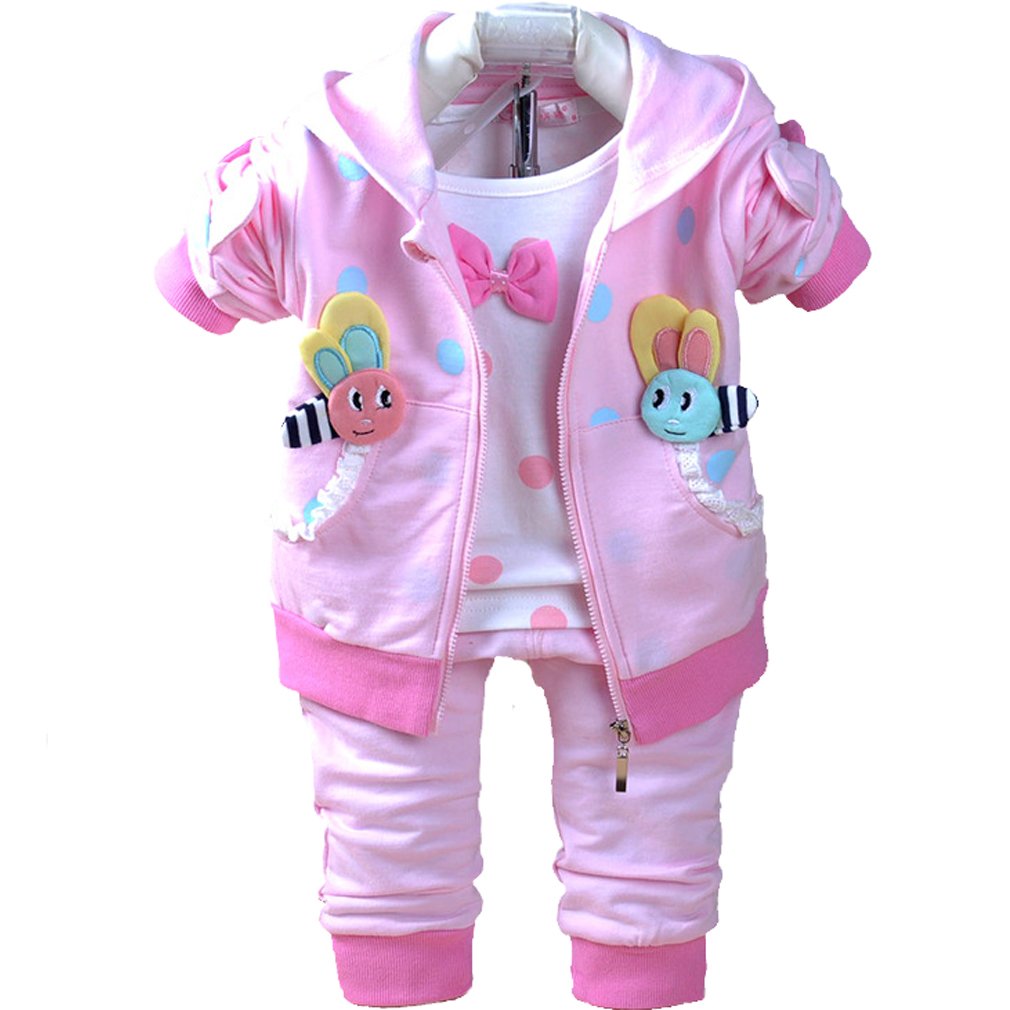 Yao Baby Girls 3 Piece Sets T Shirt Vest and Pants (2-3Years,Pink)