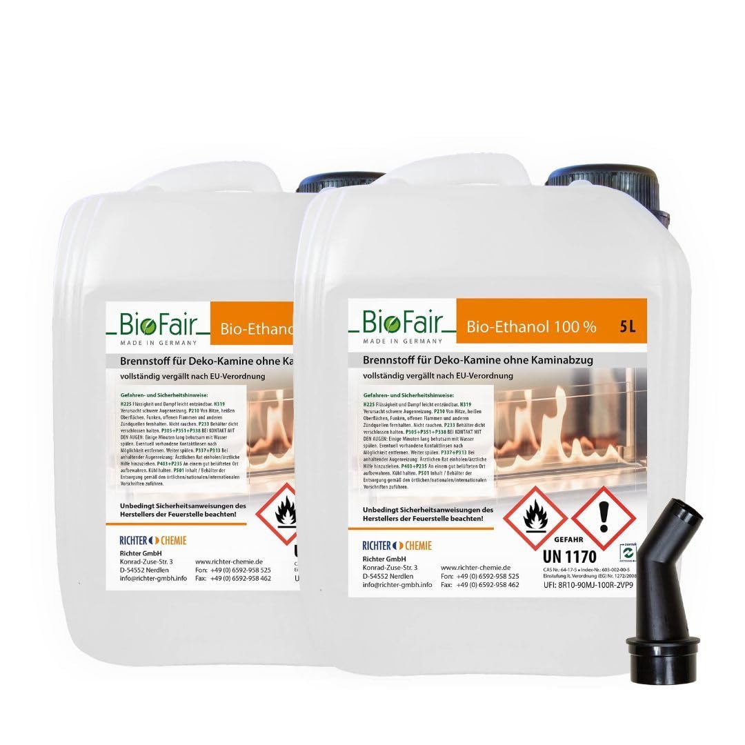 10 Liter (2 x 5L) Bioethanol 100% in geprüfter Premium Qualität für Bioethanolkamin, Ethanol Tischkamin, Wandkamin