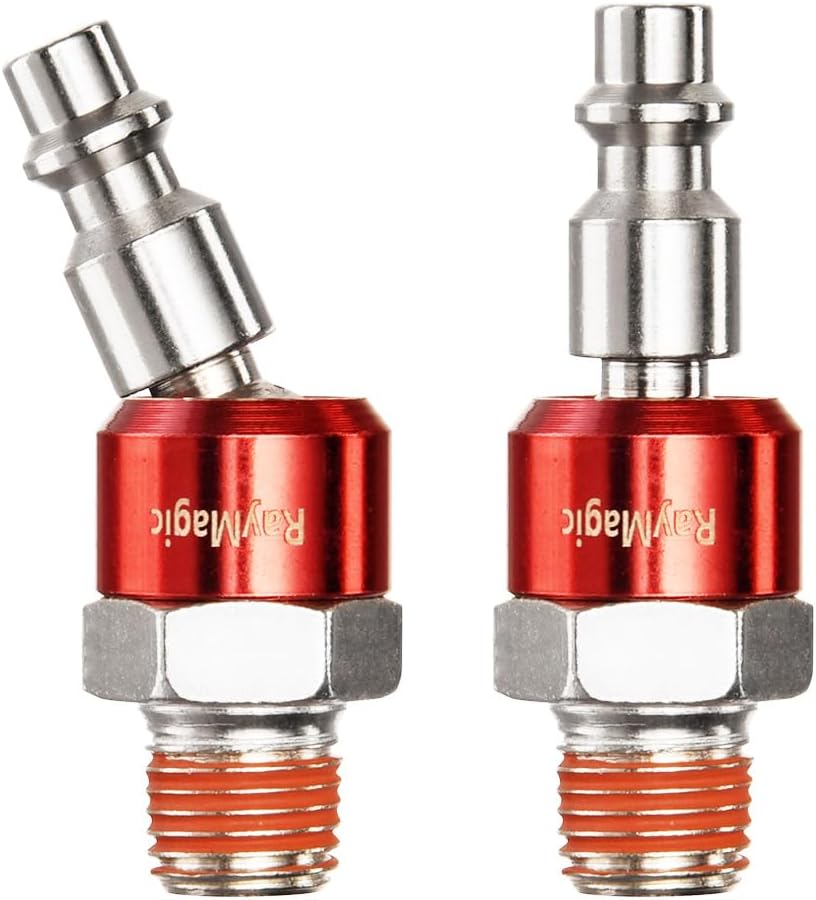 RayMagic Industrial-Grade 1/4" Swivel Air Plug, 2-Pack 360° Swivel Steel Red Electrophoresis Plug, 1/4-Inch NPT Male Pre-Coated 18-Threads, Air Hose Fittings(Red)