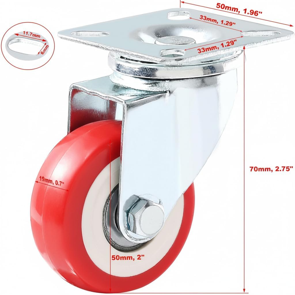 Pack of 12 Caster Wheels Swivel Plate on Red Polyurethane Wheels 2" no Brake