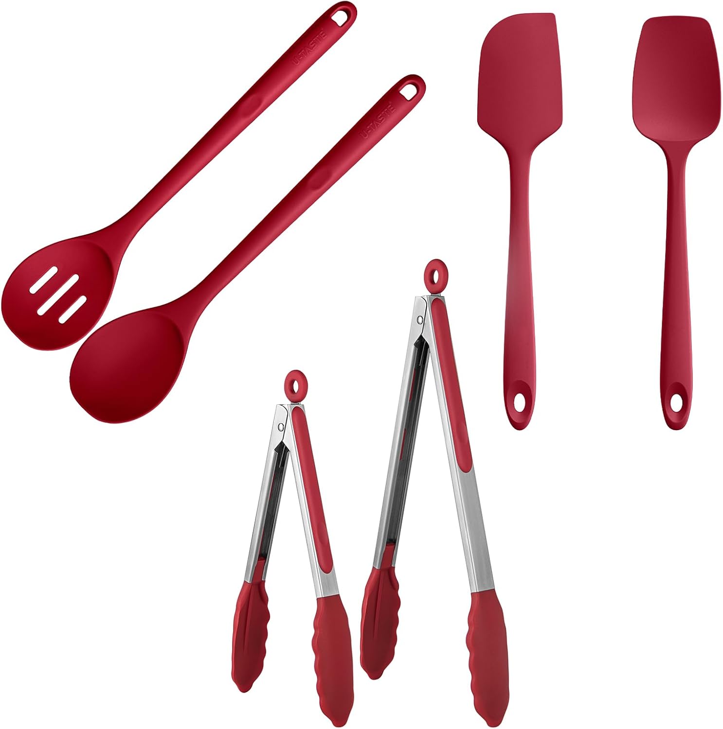 U-Taste 600ºF Silicone Spoon Set 13.3in Solid Slotted 2PCS & Spatula Set Heat Resistant & 600ºF Tongs Set 9 12inch Nonstick Stainless Handle(Red)