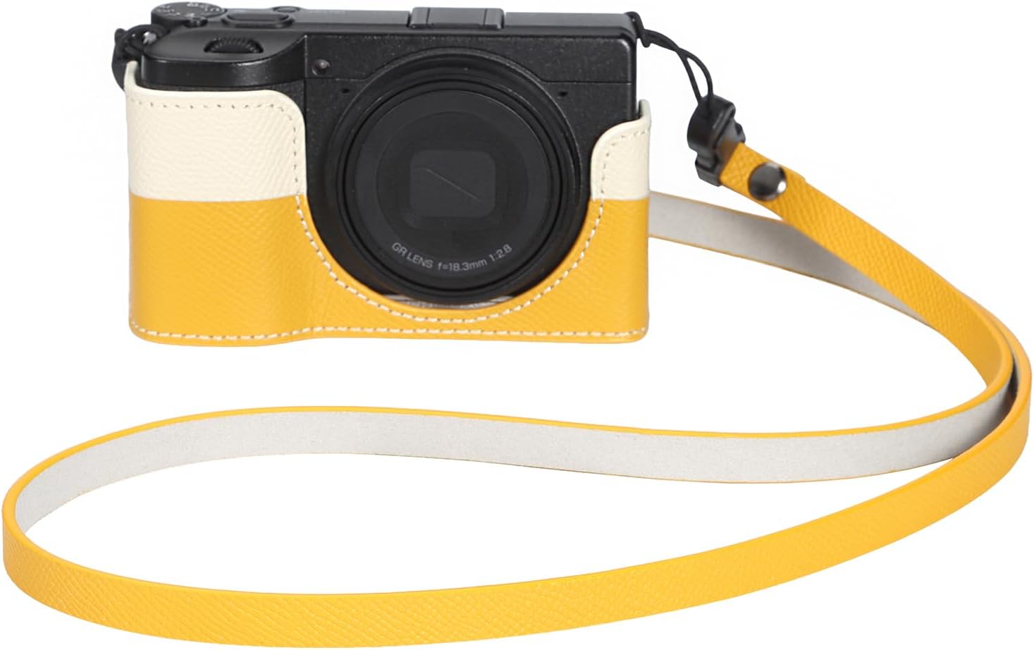 GRIV Genuine Leather Color-Block Camera Case with Shoulder Strap for Ricoh GR IV/GR IV X/GR IV HDF/GR4 Handmade Half Cover (Yellow White-Set)