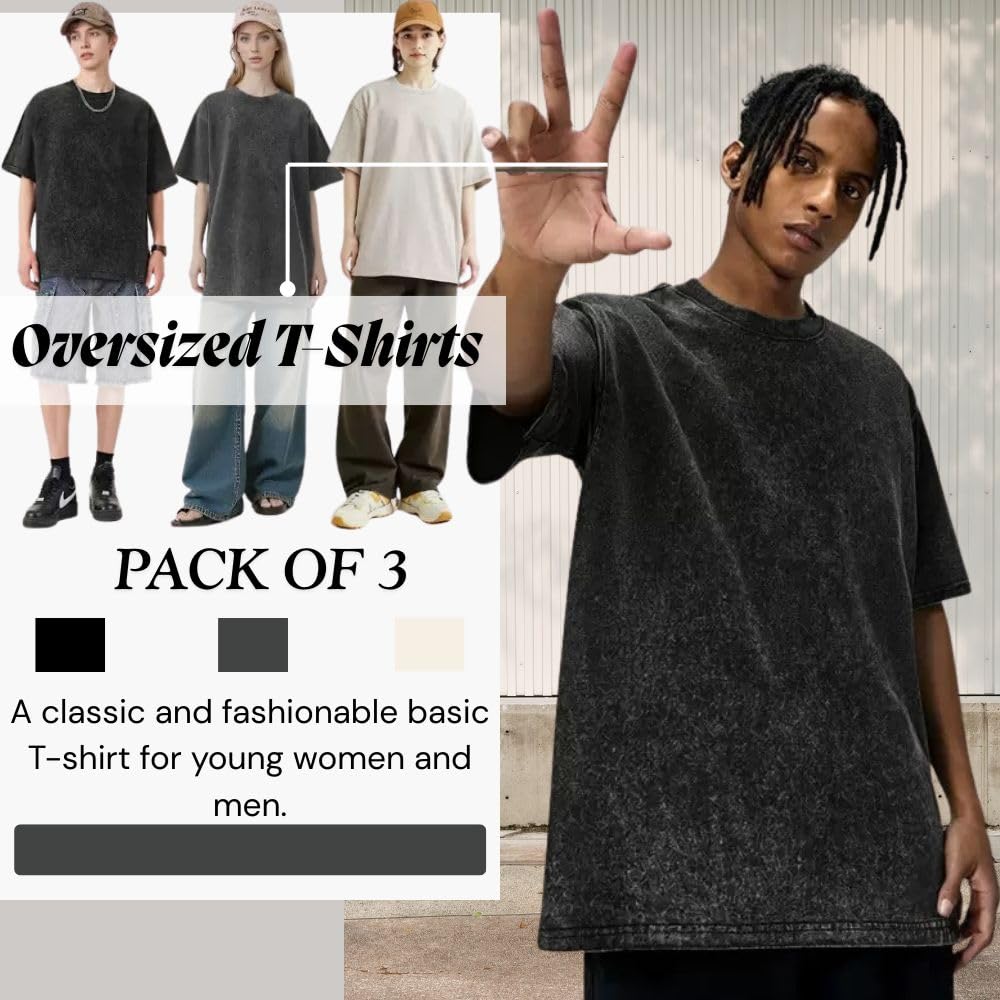 Maglietta oversize da uomo, confezione da 3, in cotone, estiva, retrò, lavata, alla moda, hip hop, vintage, casual