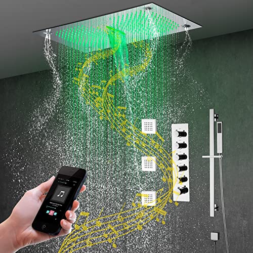 Cascada Luxury 16”x28” Music LED shower system with built-in Bluetooth Speakers, 5 functions (Rain, Waterfall, Mist Outlet, Body Jet & Hand Shower) & Remote Control 64 Color Lights (Brushed Nickel)