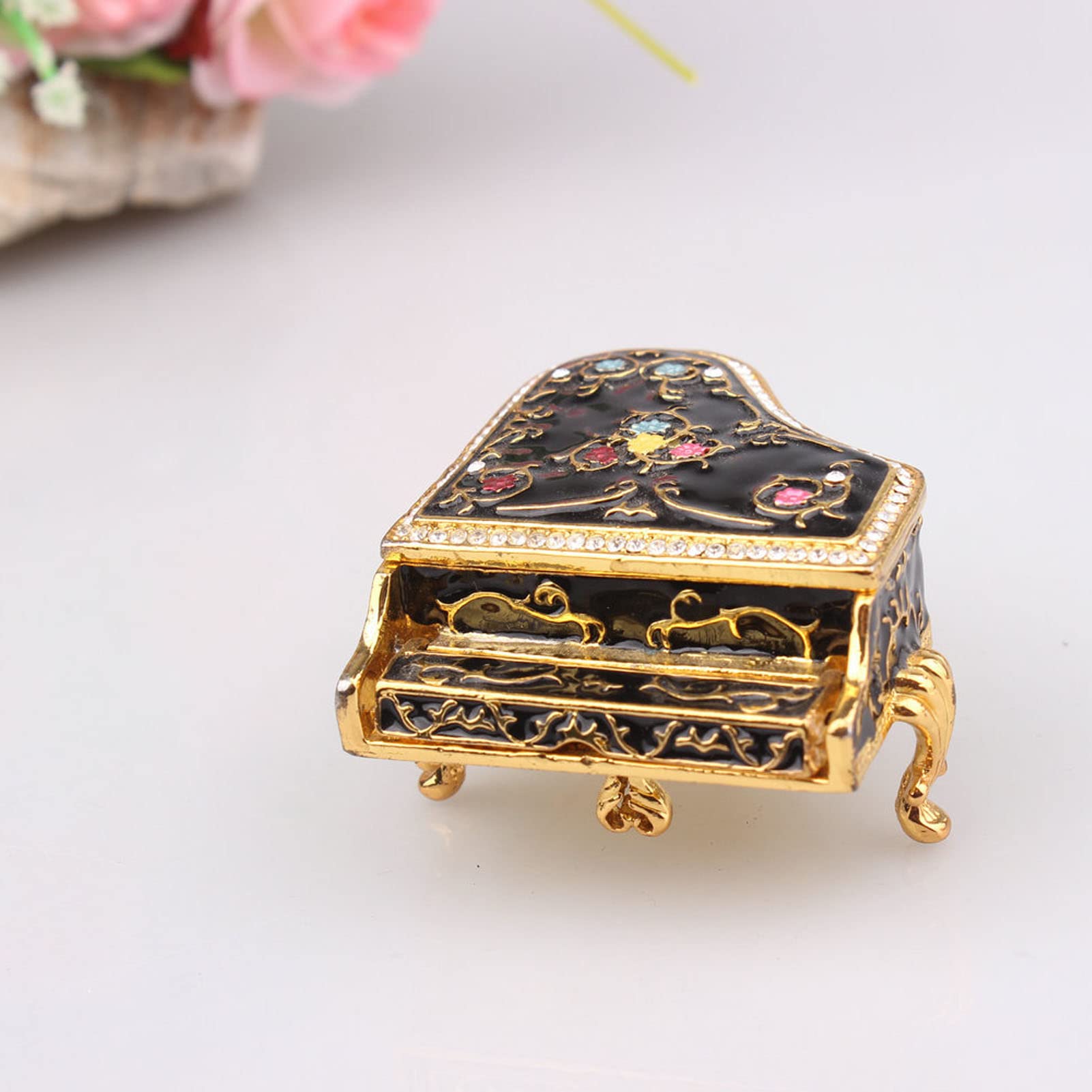 Boîte à Bijoux En Forme De Piano - Alliage Zinc, Intérieur Doublé, 9x6,5x5 Cm, Motif Rose Sculpté