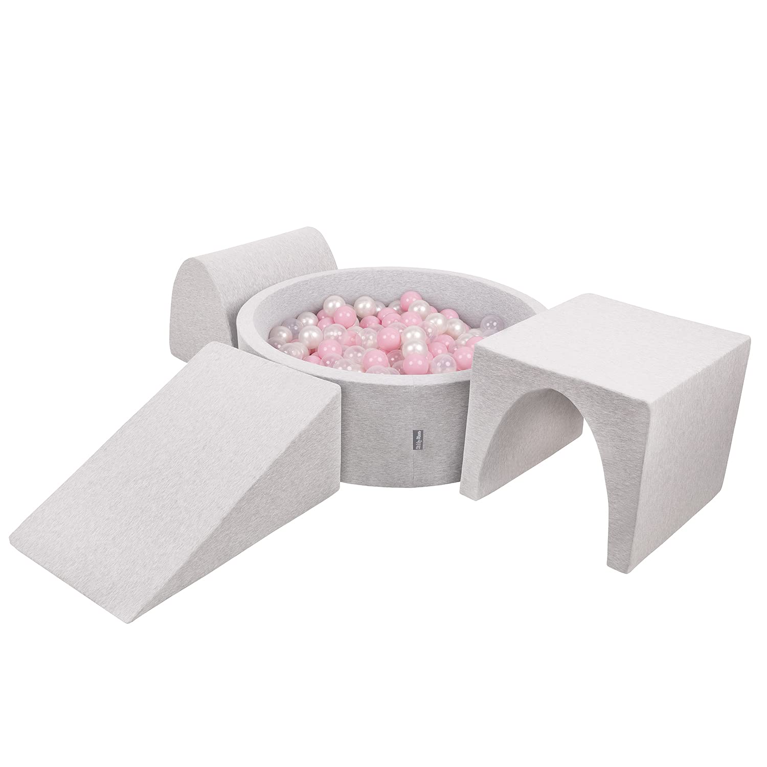 KiddyMoon Foam Playground For Kids With Round Ballpit (200 Balls) Obstacle Course, Lightgrey:Powderpink/Pearl/Transparent โ image 1