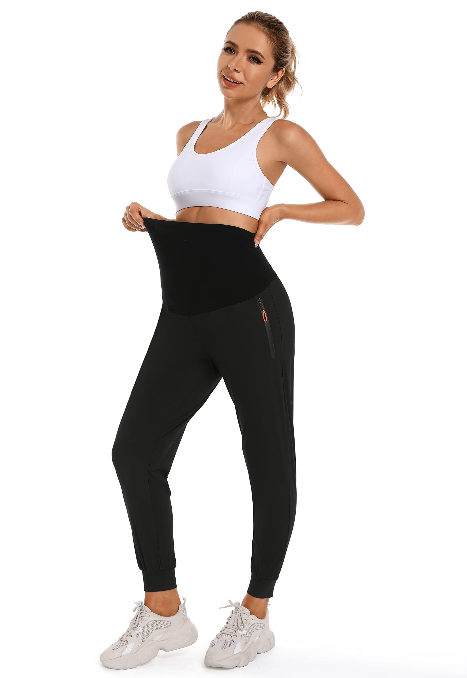 Damen Umstandshose Jogginghose Schnell Trocknend Sweatpants Schwangerschafts Hose mit Reißverschlusstaschen