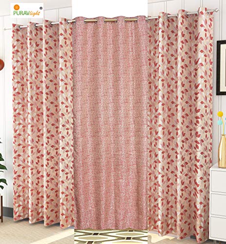 Image of Purav Light Leaf and Texture Pattern Jacquard Jute Room Darkening Curtains for Door Living Room Bedroom, 9 Feet Long, Red, Set of 3 Pieces