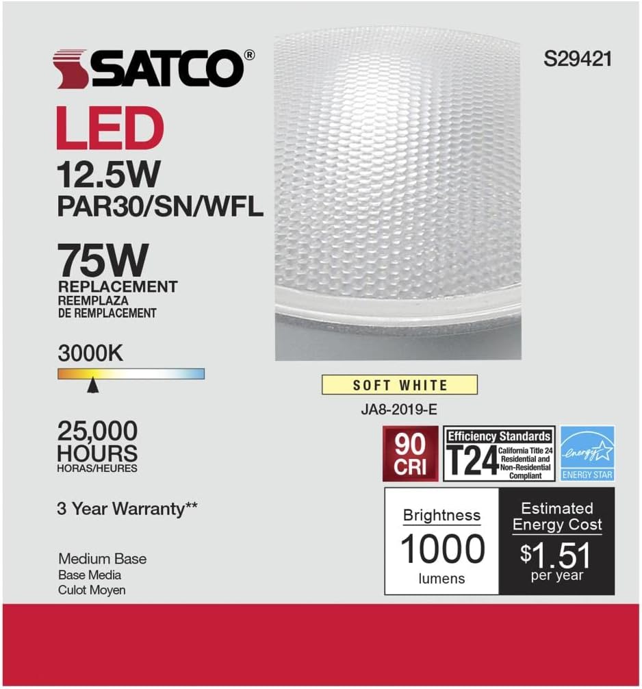 Satco S29421 6-Pack 13PAR30/SN/LED/60'/3000K/120V/D 13W PAR30 Short Neck Indoor/Outdoor Dimmable LED 60° Flood lamp (3000K)