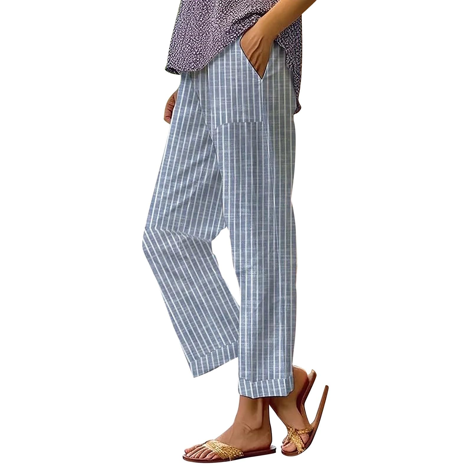 Womens Linen Pants Elastic Waist Boho Floral Pants Straight Casual Loose Summer Beach Baggy Trousers with Pockets