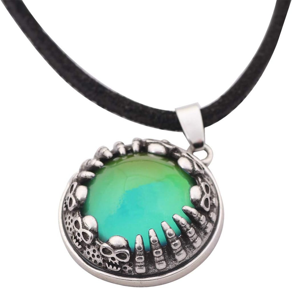 MOJO JEWELRY Mood Stone in Antique Sterling Silver Finish Skull Pattern Pendant Leather Necklace