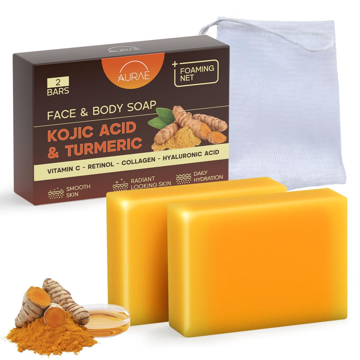 Mydło Turmeric Kojic Kwas do plam, rozjaśniacz nawilżający | Delikatna twarz i ciało, witamina C, retinol, kolagen i kwas hialuronowy, bez parabenów i Sls 100 g x 2 mydło