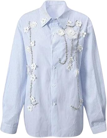 Women Flower Applique Sequins Casual Blouse Turn Down Collar Long Sleeve Shirt Button Down Top