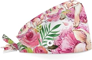 Bouffant Scrub Caps Printed Working Surgical Cap Pigs Sows Flowers Nurse Hats with Buttons and Sweatband Adjustable Tie Back Hat for Women Men Multi Color