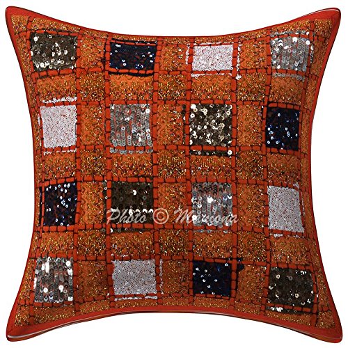 Maniona Crafts Sofa Pillow Sequin Patchwork Cotton Hand Embroidered Cushion Cover 16 X 16 Ethnic Throw Pillow