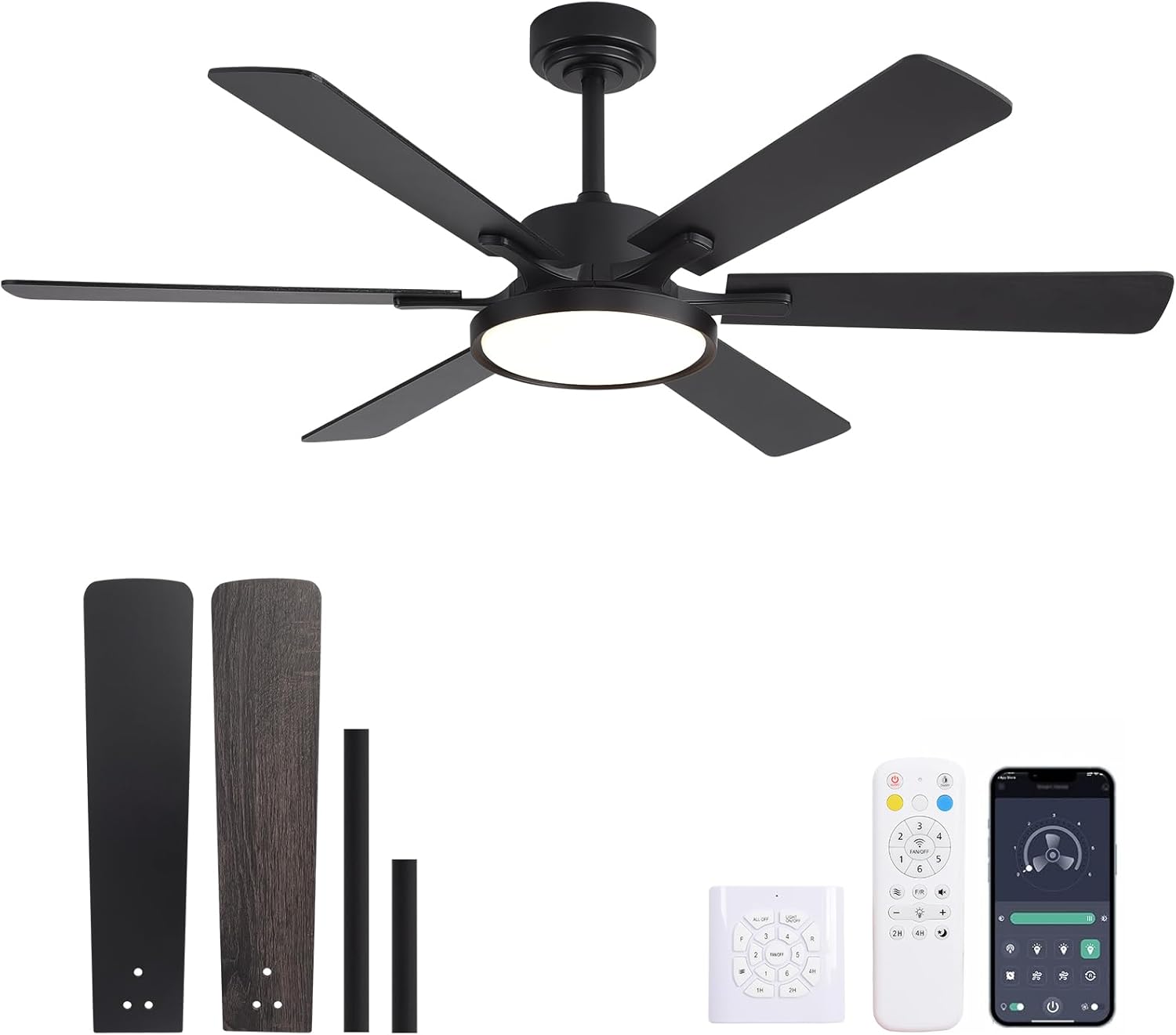 52in Black Low Profile Ceiling Fan with Light, Remote Control, 6 Blades, Dimmable LED, Flush Mount, Reversible, 6 Speeds, Ultra Quiet, Indoor Use, Bonus Wall Switch, Outdoor Rated