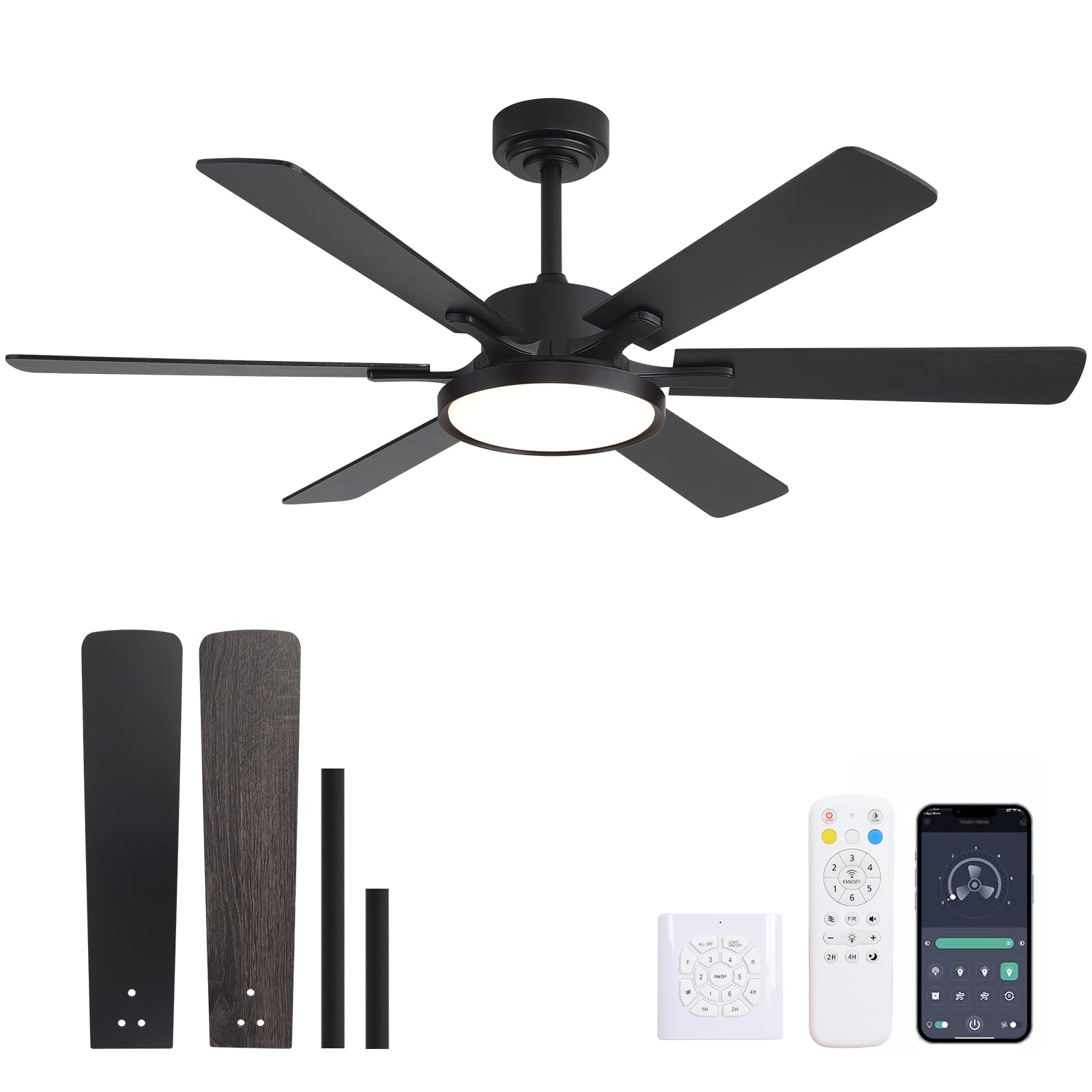 Photo 1 of oooYYDSxxx 52in Black Low Profile Ceiling Fan with Light, Remote Control, 6 Blades, Dimmable LED, Flush Mount, Reversible, 6 Speeds, Ultra Quiet, Indoor Use, Bonus Wall Switch, Outdoor Rated