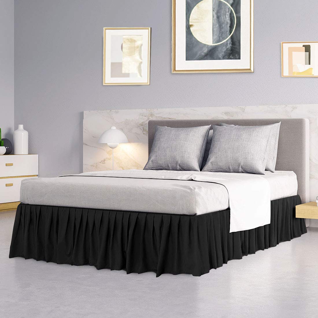 PiccoCasa - Gonna per letto con ruches in poliestere spazzolato di qualità hotel, durevole, resistente alle rughe e allo sbiadimento, per camera da letto, 45,5 cm, colore: Nero