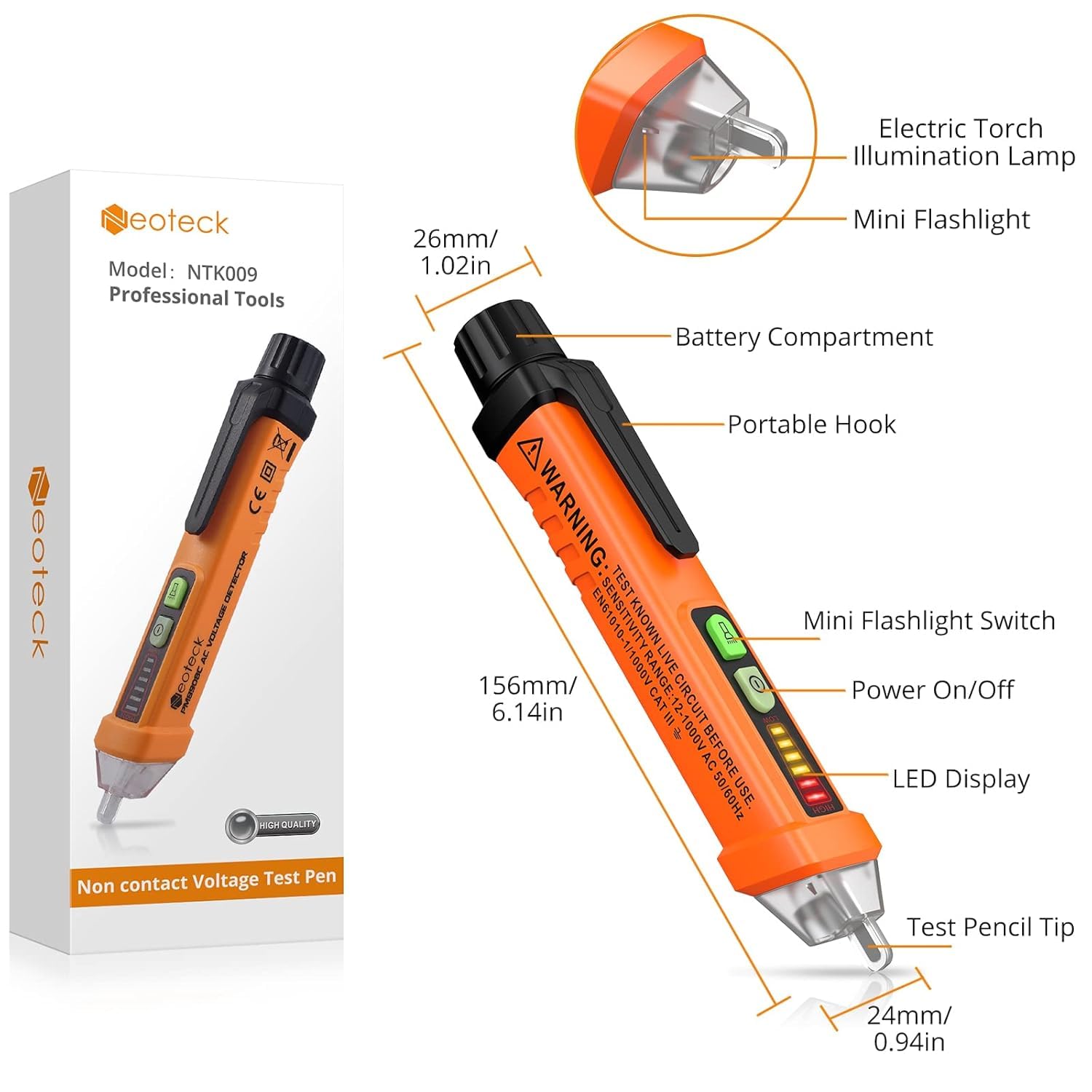 Neoteck bezdotykowy tester napięcia 12 – 1000 V AC tester napięcia długopis narzędzie z latarką LED Piepser klips kieszonkowy