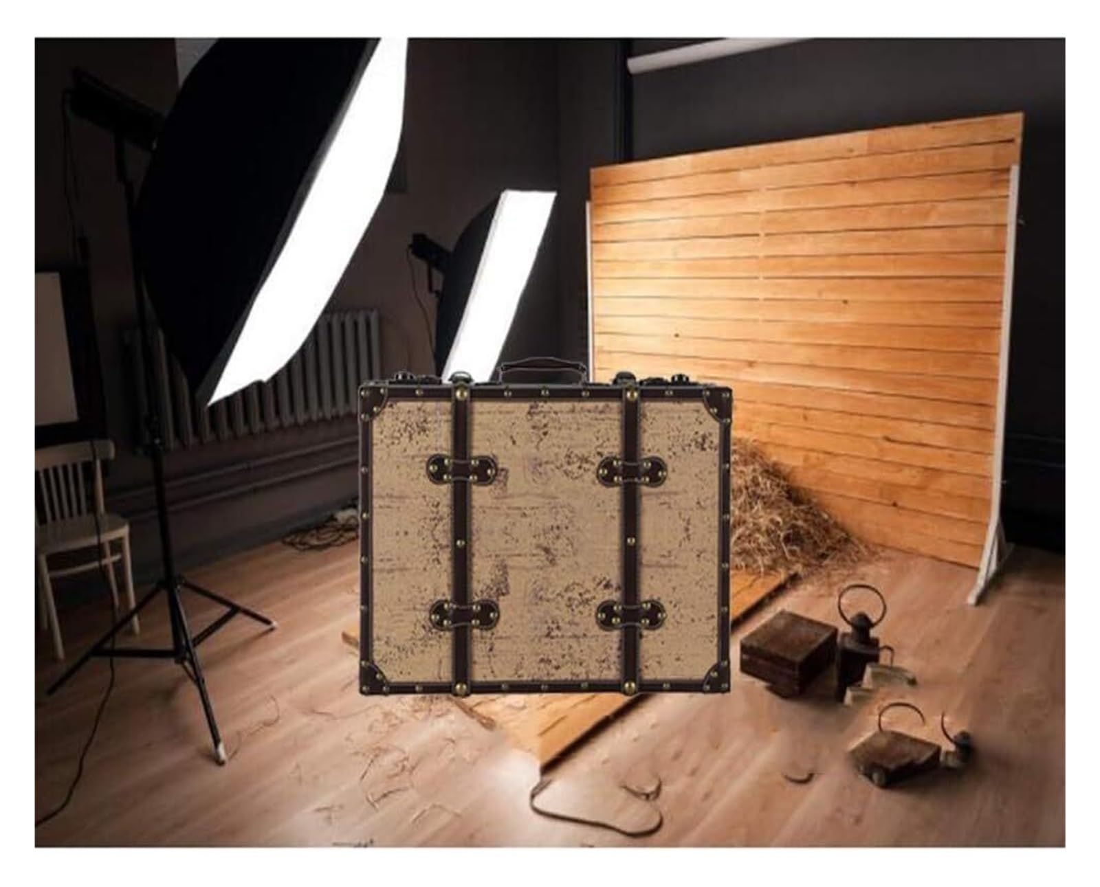 Maleta Retro, baúl de Madera Antiguo, Caja Decorativa de Almacenamiento de Equipaje, Maleta de embarque para Viajes, escaparate, Accesorios de fotografía (B-61X21X40CM)