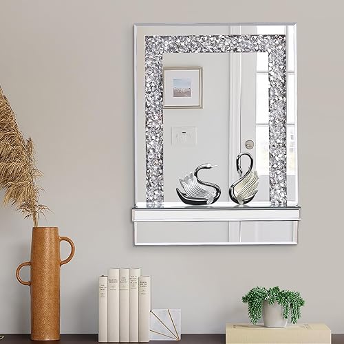 Miniatura 6 de Aeveco Espejo de pared plateado con estante, espejo de diamante de cristal para tocador o sala de estar, decoración brillante del hogar, dimensión