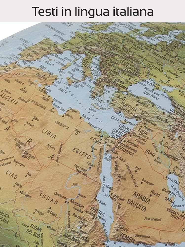 Mappamondo Tecnodidattica Uranio 30 cm Illuminato – Globo Geografico Didattico con Rilievo 3D, Cartografia Politica e Fisica, Base con Semimeridiano e Lente – Multicolore 0333URFGITLNTL46