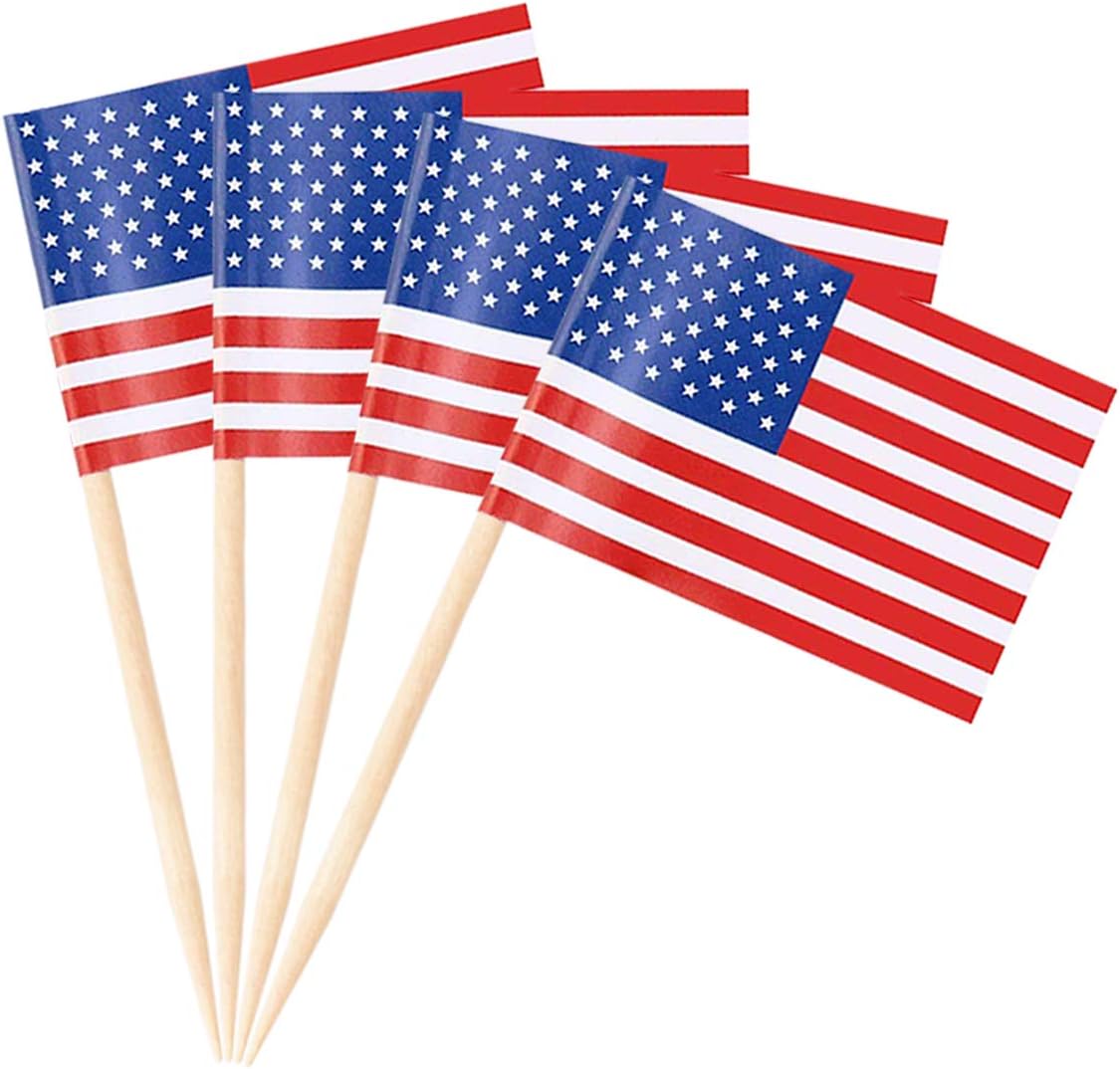 100 Pack American Flag Toothpicks 4th of July Cupcake Topper Picks for Birthday Party Cake Decorations