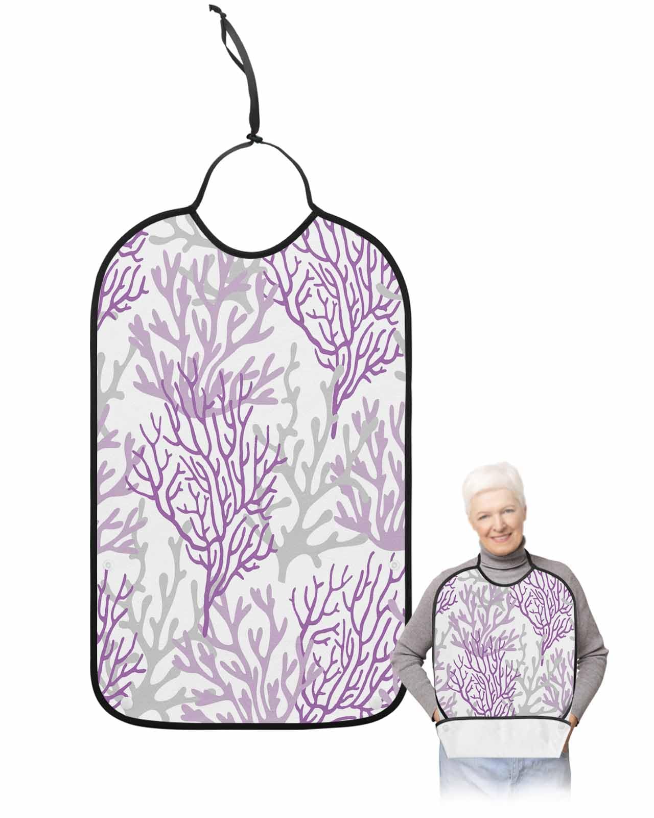 LEOKOTI Purple Gray Coral Coastal Adult Bibs for Eating, Waterproof Bibs with Food Catcher & Adjustable Snap Closure, Summer Beach Seaside Nautical Washable Clothing Protectors Adult Bibs for Elderly