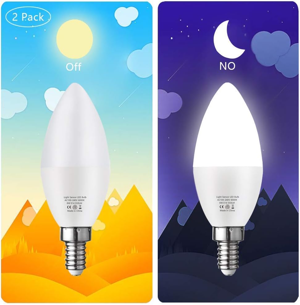 Dusk to Dawn Light Bulb,E14 Candelabra Sensor Light Bulbs Auto On/Off 6W 550Lm Daylight White 6000K for Indoor/Outdoor Yard Porch Patio Garage Garden,Pack of 2