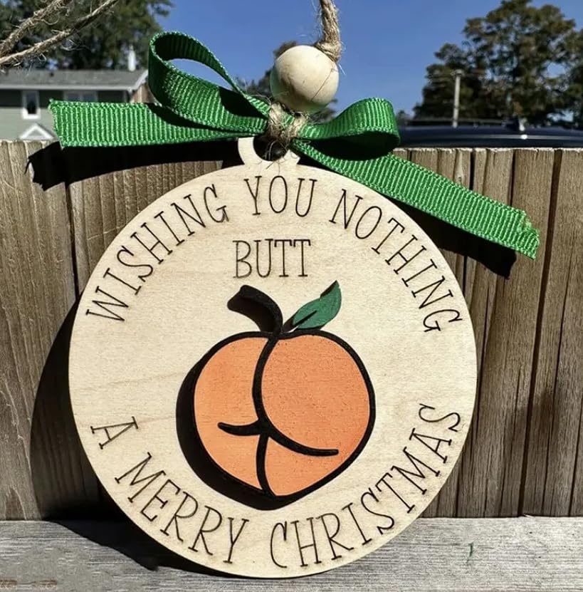 Funny Christmas Ornaments Adult, Round Christmas Tree Ornaments, Wooden Christmas Tree Hanging Ornament (Butt)