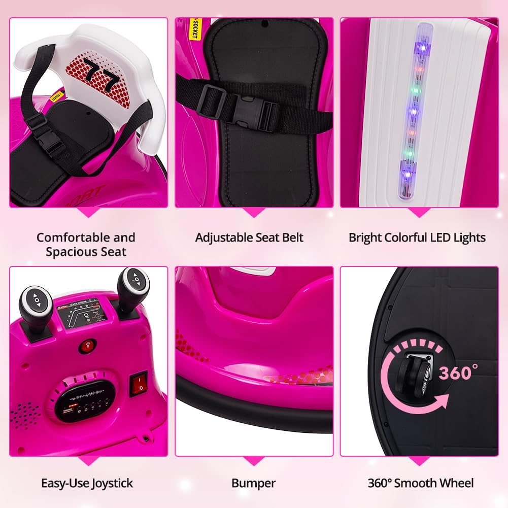 Collage showing various components: comfortable seat, adjustable seat belt, bright LED lights, easy-use joysticks, soft bumper, and 360-degree smooth wheel.