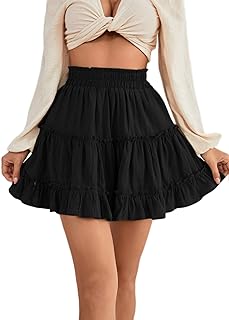 Women's Elastic Waist Pleated Layer Ruffle Hem Flowy A Line Short Skirt