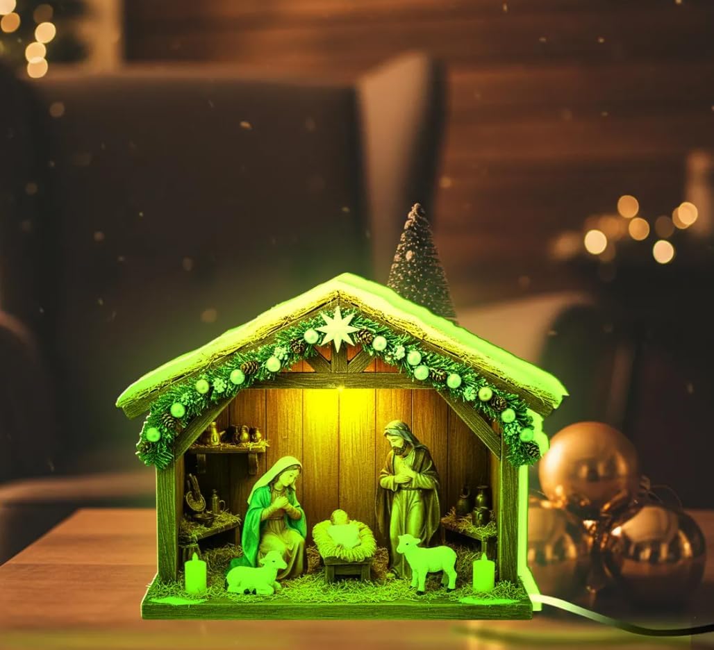 LED Nativity Scene Wooden Light Box, Illuminated Holy Family Christmas Décor, Acrylic Layered Night Light for Holiday Home Displays (Yellow LED)