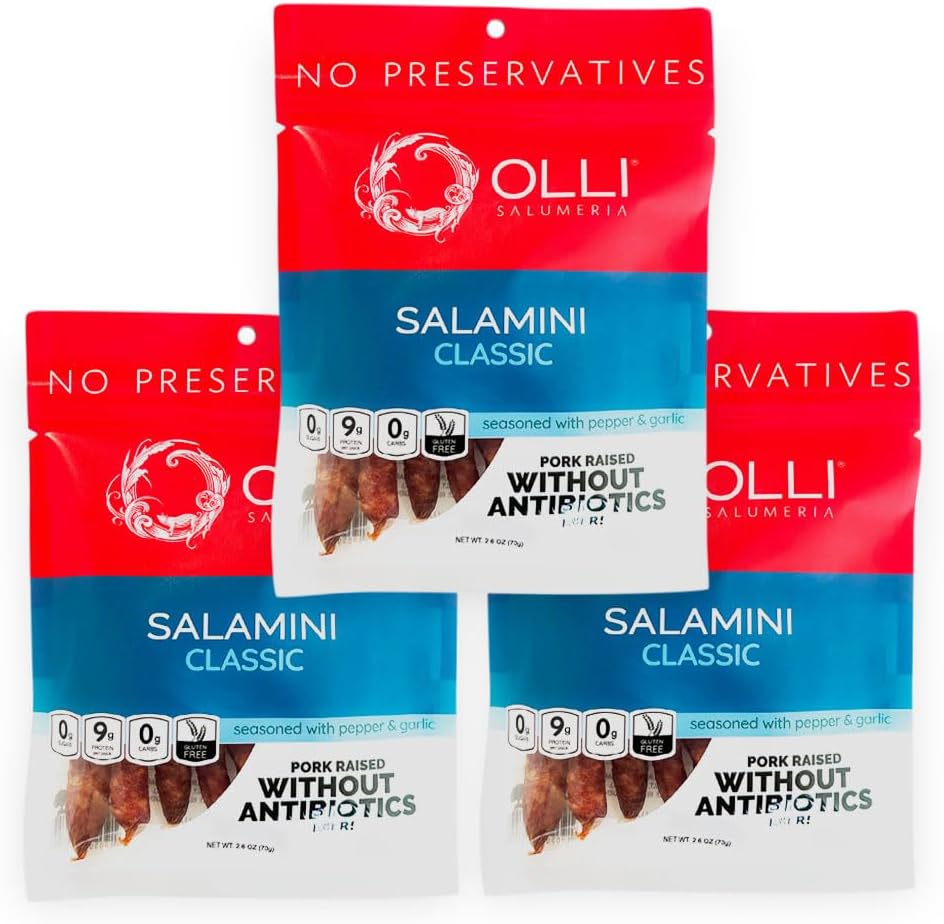 OLLI SALUMERIAPreservative-Free Salaminis, Salami Bites, Classic - with Garlic, Salt, and Pepper (2.6 oz, 3 Pack)
