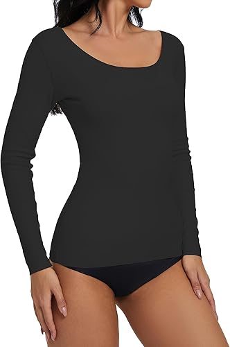 Miniatura 4 de YYA Camisas básicas de manga larga de 3 piezas para mujer, térmicas, cálidas, cuello redondo, elásticas, ajustadas, camiseta de capa S-XL