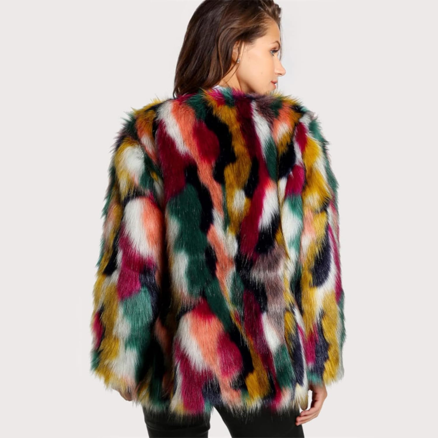 Women's Winter Multicolor Faux Fur Coat Long Sleeve Open Front Luxury Colorful Warm Fuzzy Jacket Outwear-HINDOLA - Image 5